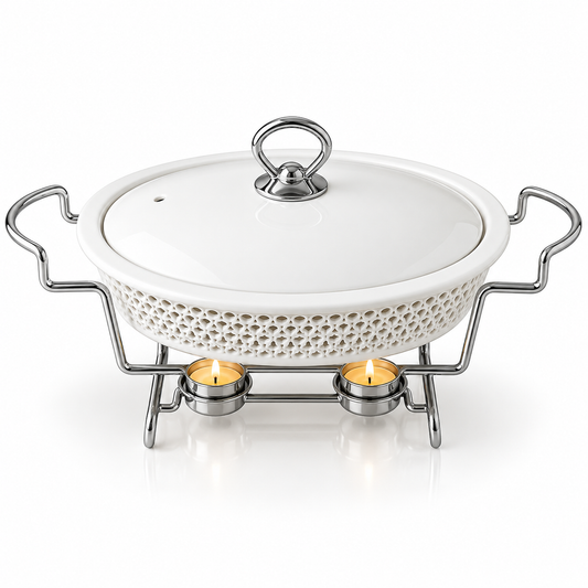 Brilliant 17-Inch Oval Ceramic Chafing Dish with Metal Candle Stand