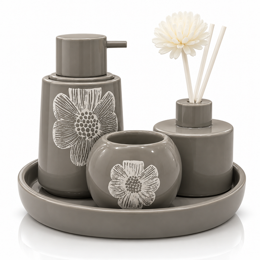 Luxury Gray Ceramic Bathroom Accessory Set with Soap Dispenser, Tumbler & Diffuser Tray
