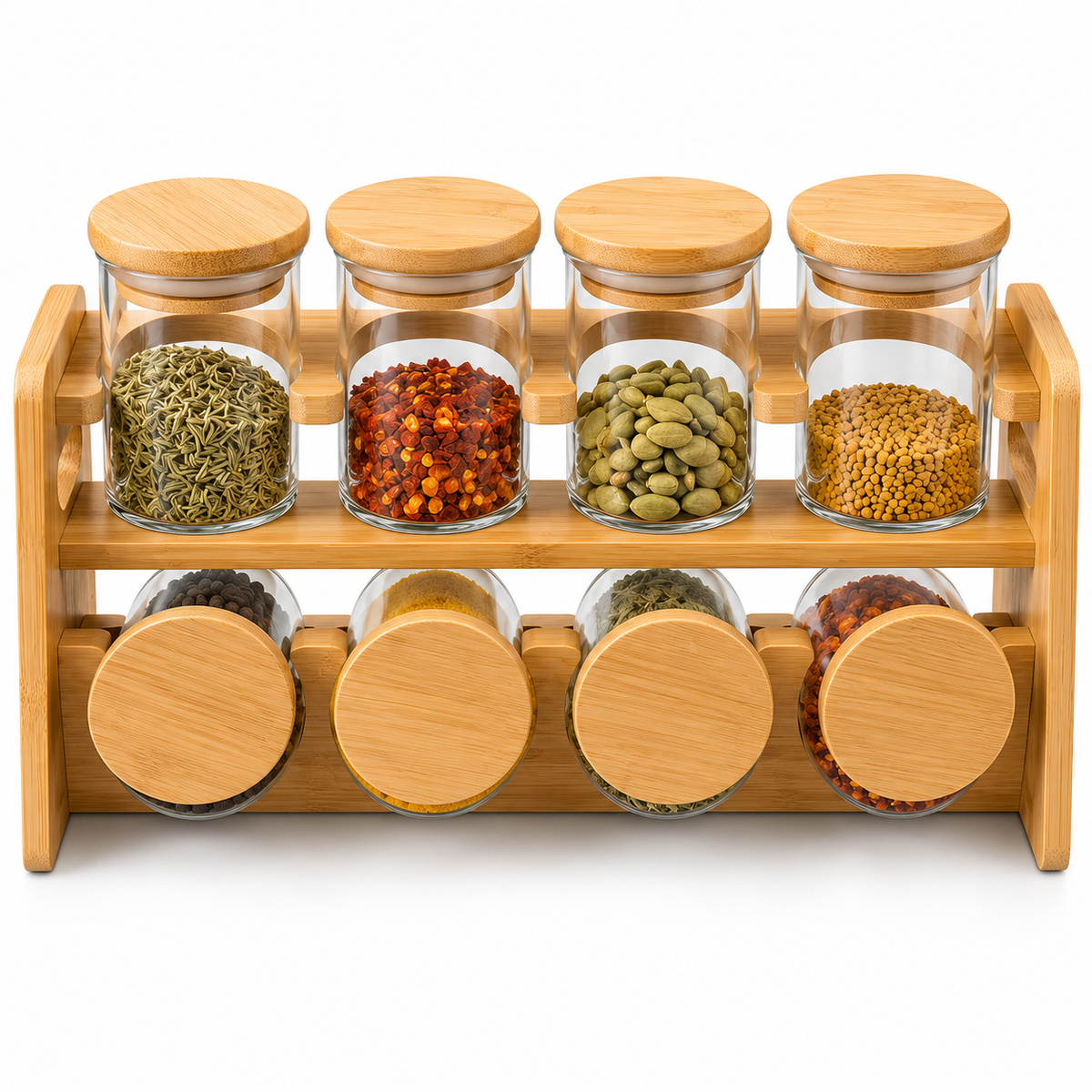 Premium Bamboo Spice Rack Set – 8 Jar Organizer