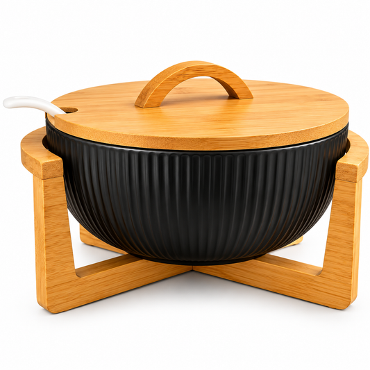 Ceramic Ribbed Serving Bowl with Bamboo Lid & Wooden Stand