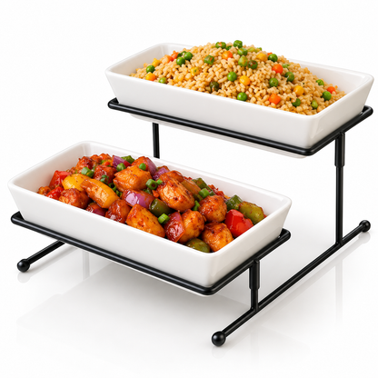 Brilliant 2-Tier Rectangular Serving Stand with Ceramic Dishes