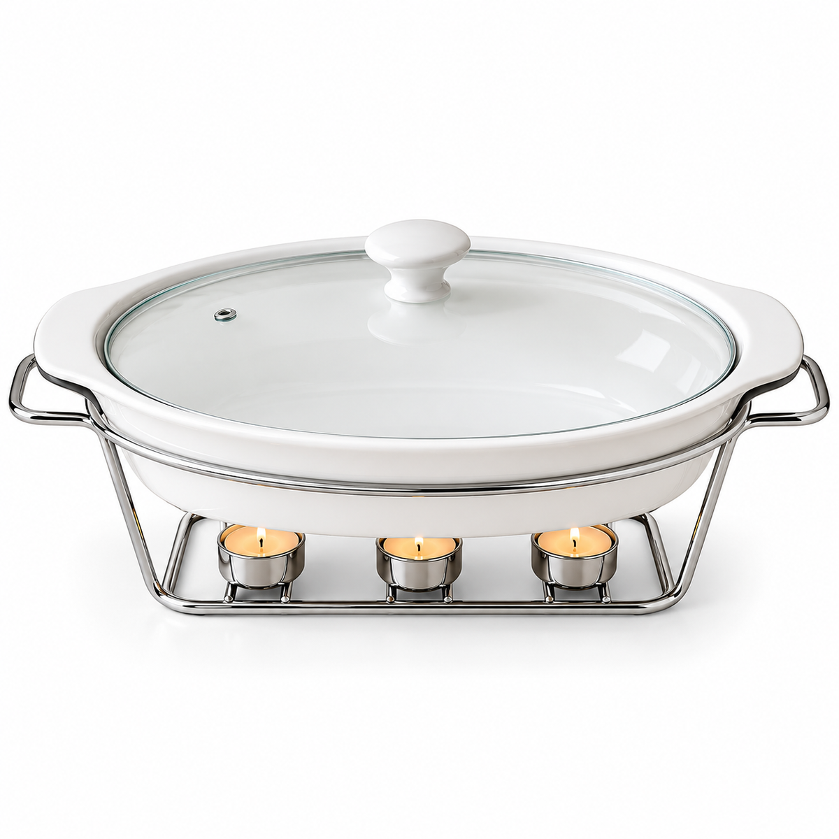 Brilliant Oval Ceramic Chafing Dish with Metal Candle Stand