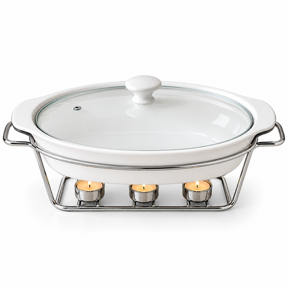 Brilliant Oval Ceramic Chafing Dish with Metal Candle Stand