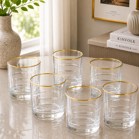 Luxe Gold Rim Modern Etched Glass Tumbler Set – 6 Pieces