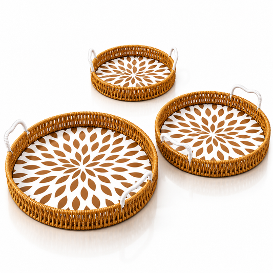 3-Piece Woven Serving Tray Set with Floral Pattern - Round