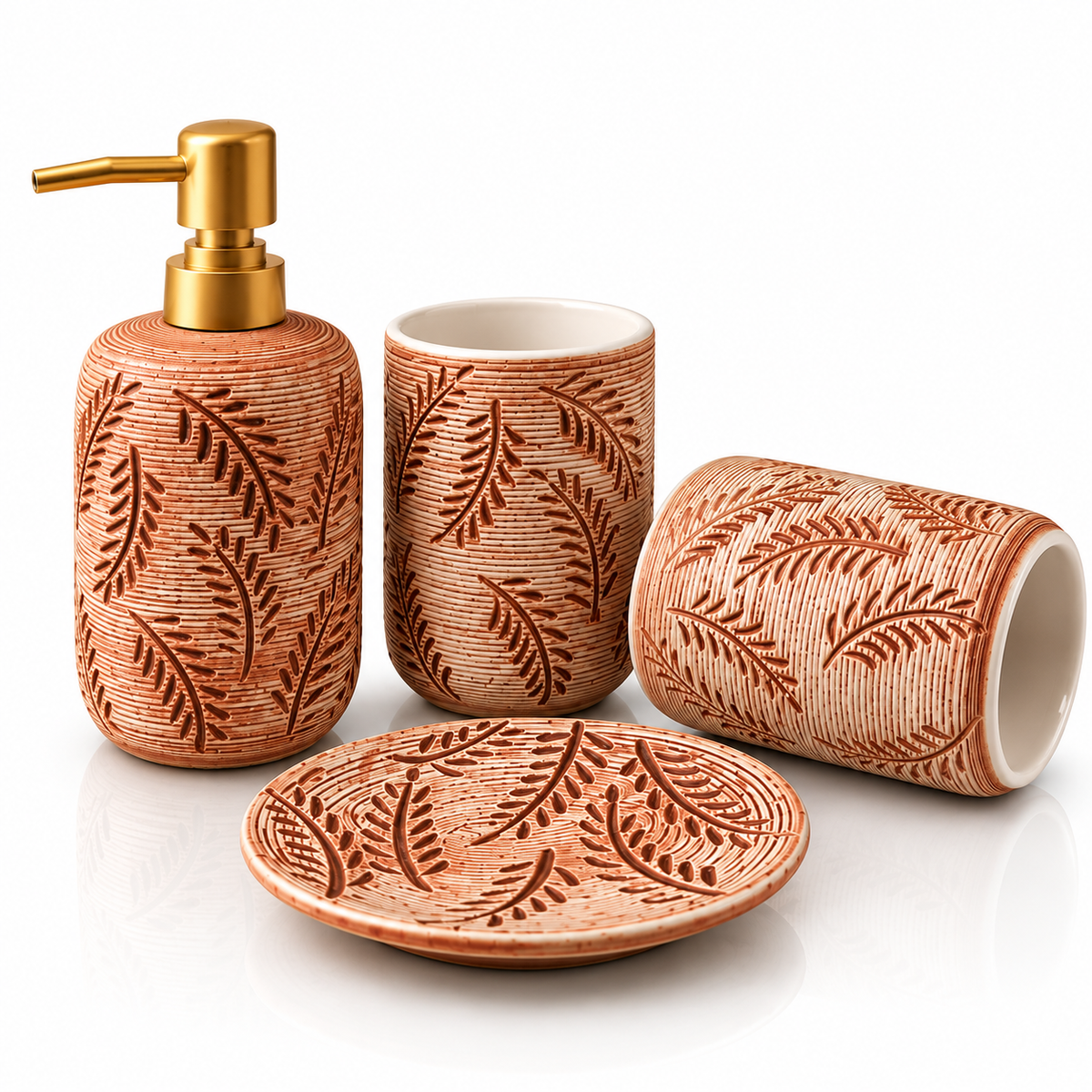 4-Piece Ceramic Bathroom Accessories Set with Gold Soap Dispenser Pump – Leaf Embossed Design
