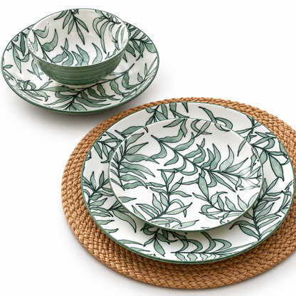 24-Piece Premium Green Botanical Stoneware Ceramic Dinnerware Set
