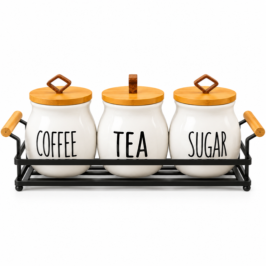 Premium 3-Piece Ceramic Tea, Coffee & Sugar Canister Set with Wooden Lids and Metal Stand