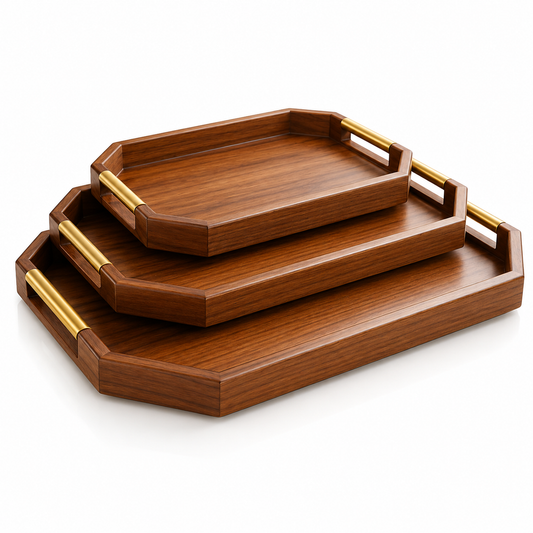 Premium 3 Pcs Walnut Wooden Serving Tray Set with Gold Handles