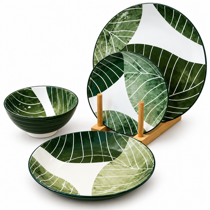 24-Piece Premium Green & White Ceramic Dinnerware Set