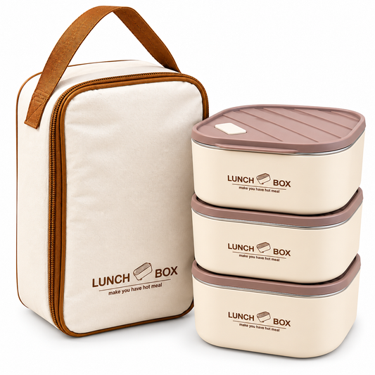 Premium 3 Pcs Stackable Lunch Box Set with Insulated Carry Bag – Cream & Brown