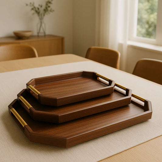 Premium 3 Pcs Walnut Wooden Serving Tray Set with Gold Handles