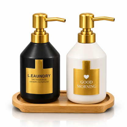 2-Piece Ceramic Soap Dispenser Set with Bamboo Tray – Gold Luxe Collection