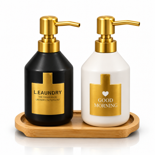 2-Piece Ceramic Soap Dispenser Set with Bamboo Tray – Gold Luxe Collection