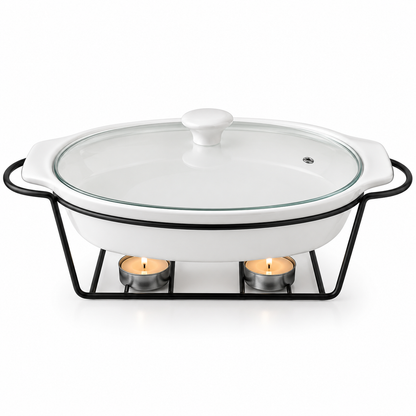 Brilliant 10-Inch Oval Ceramic Chafing Dish with Metal Candle Stand