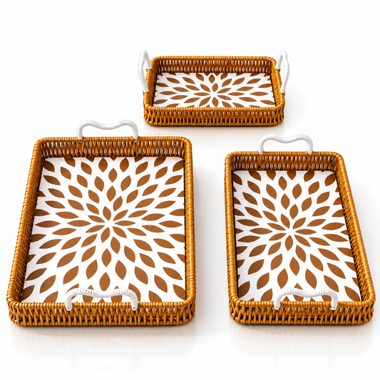 3-Piece Woven Serving Tray Set with Floral Pattern - Rectangle