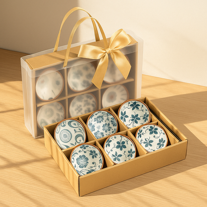 Elegant Japanese Ceramic Bowls with Golden Ribbon Bag – Set of 6