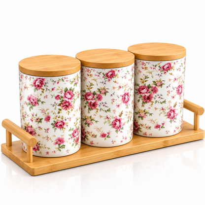 3 Pcs Floral Ceramic Canister Set with Bamboo Tray