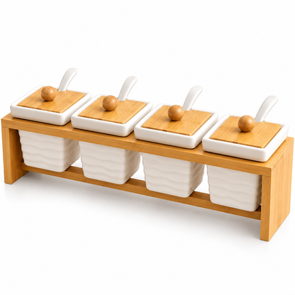 Ceramic 4-Piece Condiment Set with Bamboo Stand