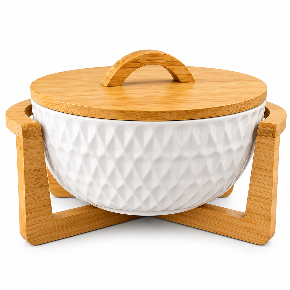 Elegant White Ceramic Serving Bowl with Bamboo Lid & Wooden Stand