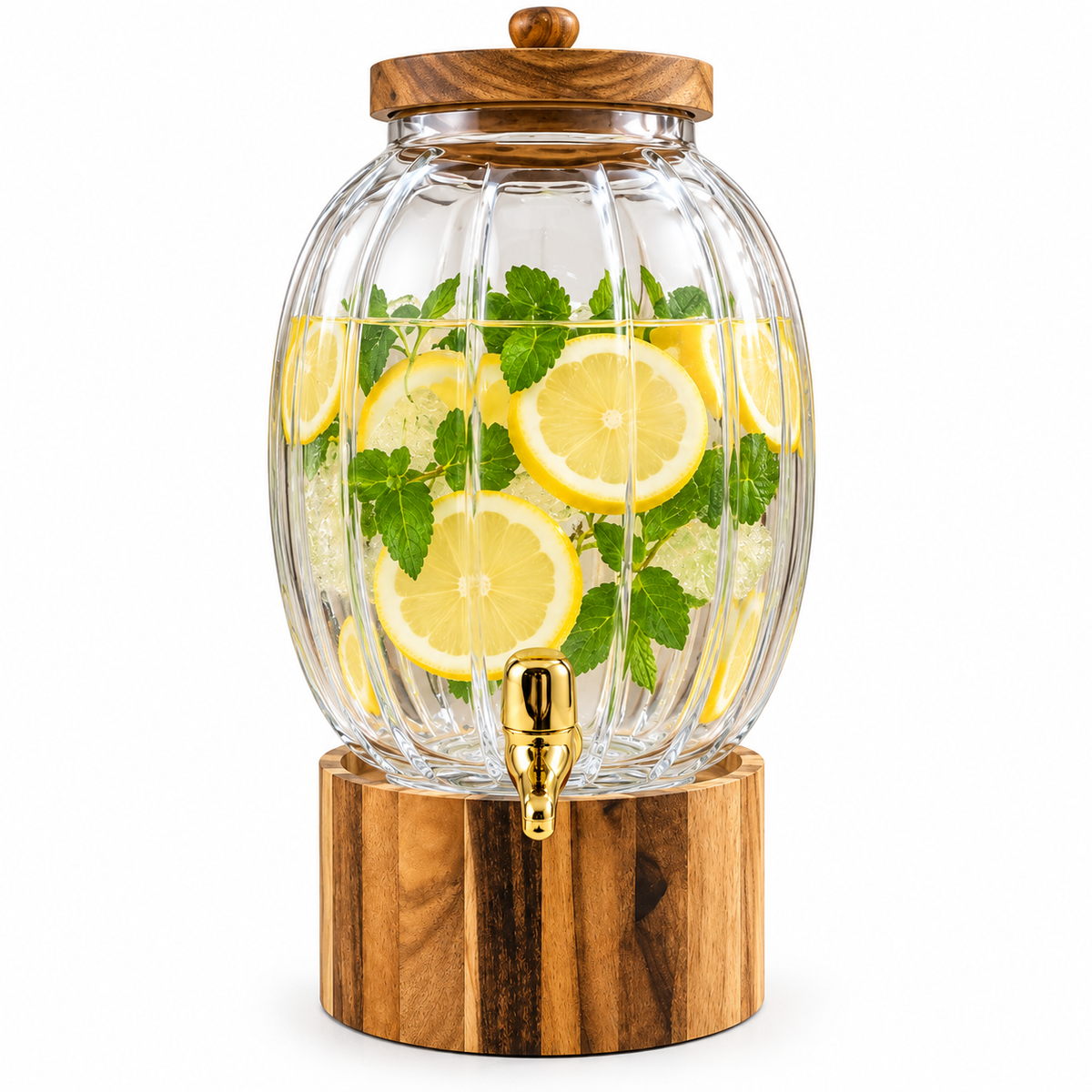 Premium Ribbed Glass Beverage Dispenser with Wooden Stand