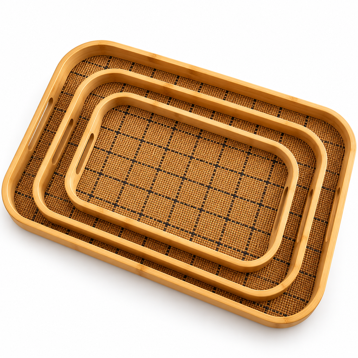 3Pcs Bamboo Woven Serving Tray Set – Natural Brown
