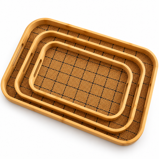 3Pcs Bamboo Woven Serving Tray Set – Natural Brown