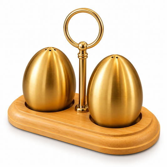 Golden Salt & Pepper Shaker Set with Bamboo Holder