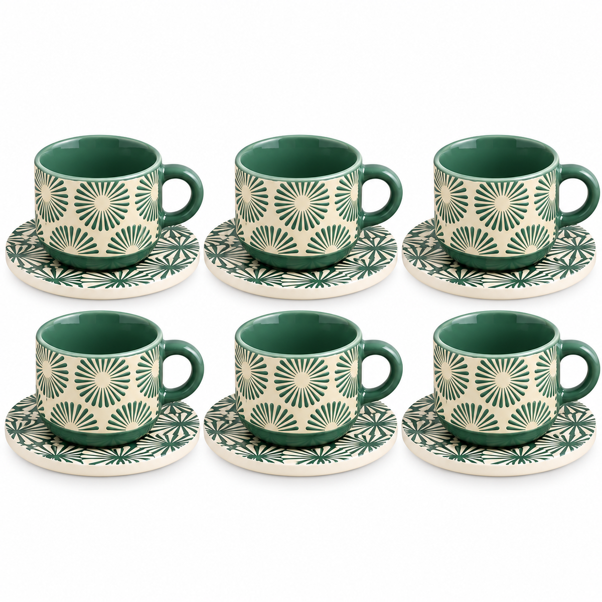 Danny Home Floral Ceramic Cup & Saucer Set – 6 Pcs | Sage Green