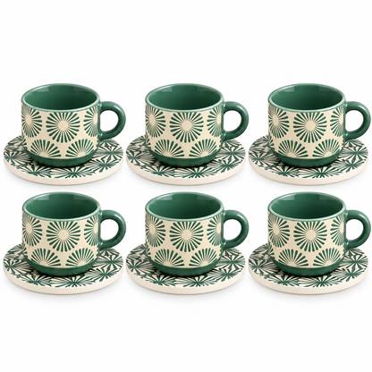 Danny Home Floral Ceramic Cup & Saucer Set – 6 Pcs | Sage Green