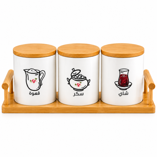 Ceramic Tea, Coffee & Sugar Canister Set with Bamboo Stand