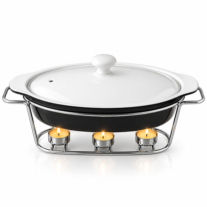 Brilliant 15-Inch Oval Ceramic Chafing Dish with Glass Lid & Metal Candle Stand