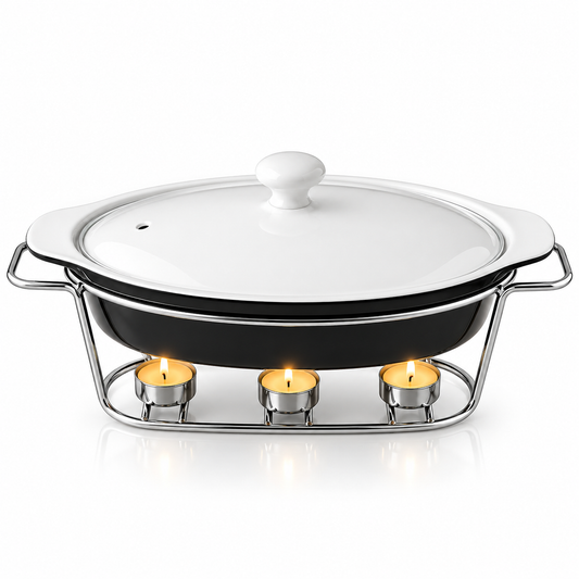Brilliant 15-Inch Oval Ceramic Chafing Dish with Glass Lid & Metal Candle Stand