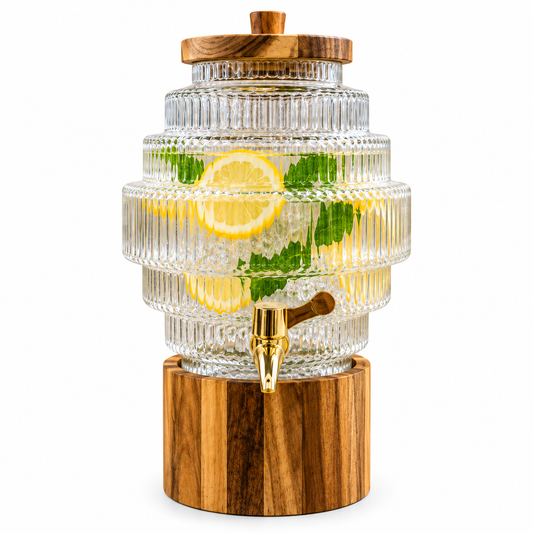 Premium Tiered Ribbed Glass Beverage Dispenser with Wooden Stand