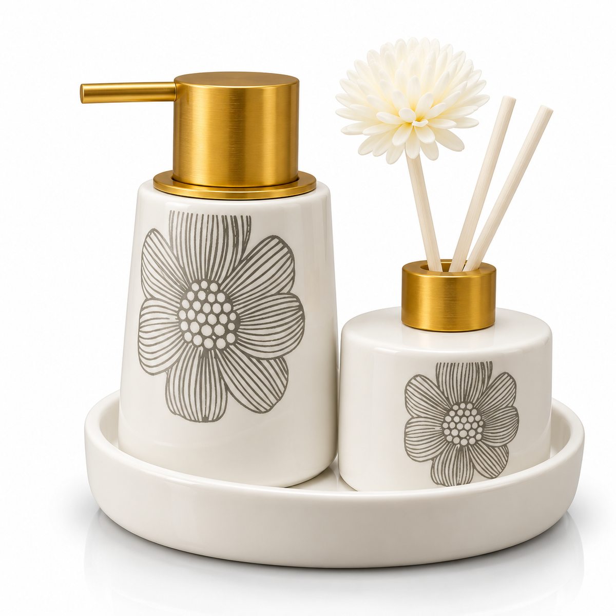 Luxury Ceramic Bathroom Accessory Set with Soap Dispenser & Reed Diffuser Tray