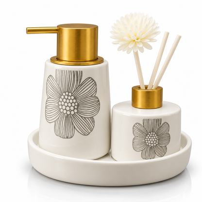 Luxury Ceramic Bathroom Accessory Set with Soap Dispenser & Reed Diffuser Tray