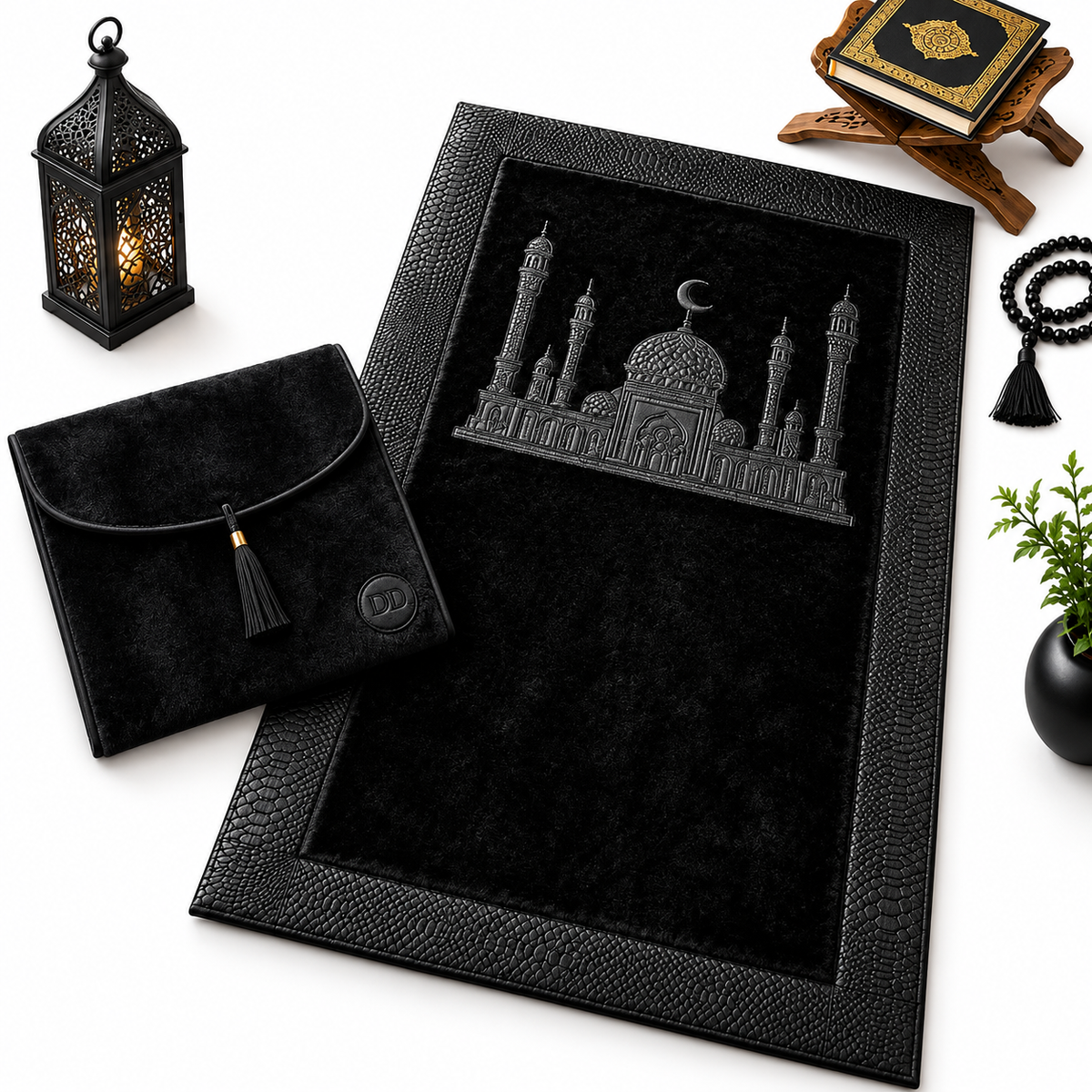 HomeIbadah Litchi Leather Prayer Mat- Black