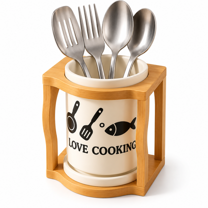 Premium Ceramic Cutlery Holder with Wooden Stand