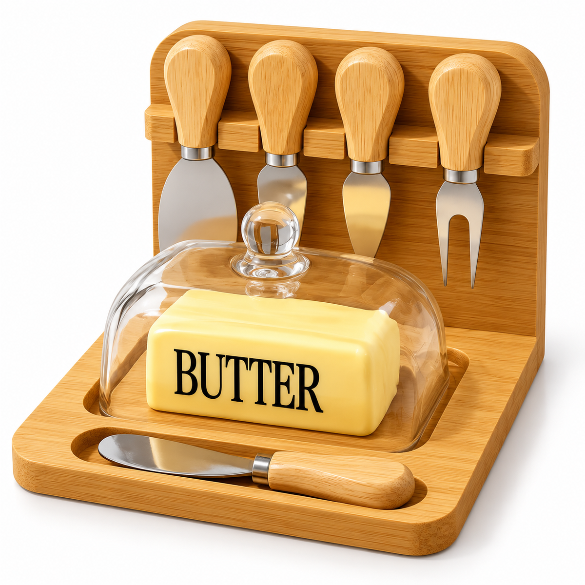 Butter Dish and Cheese Knife Set with Bamboo Base and Glass Lid