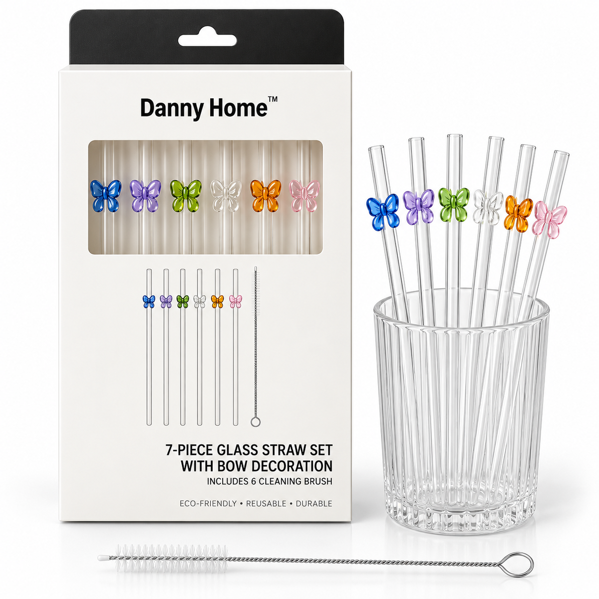 Danny Home 7Pcs Glass Straw Set with Bow Decoration – 20cm