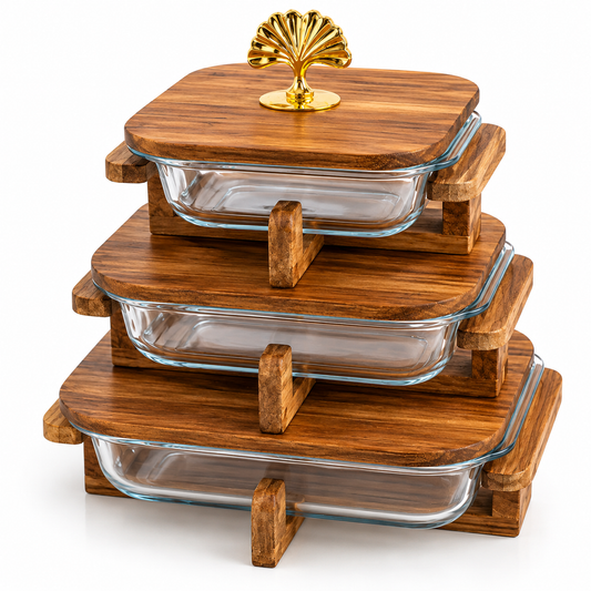 Walnut Wood Square Glass Serving Dish with Stand