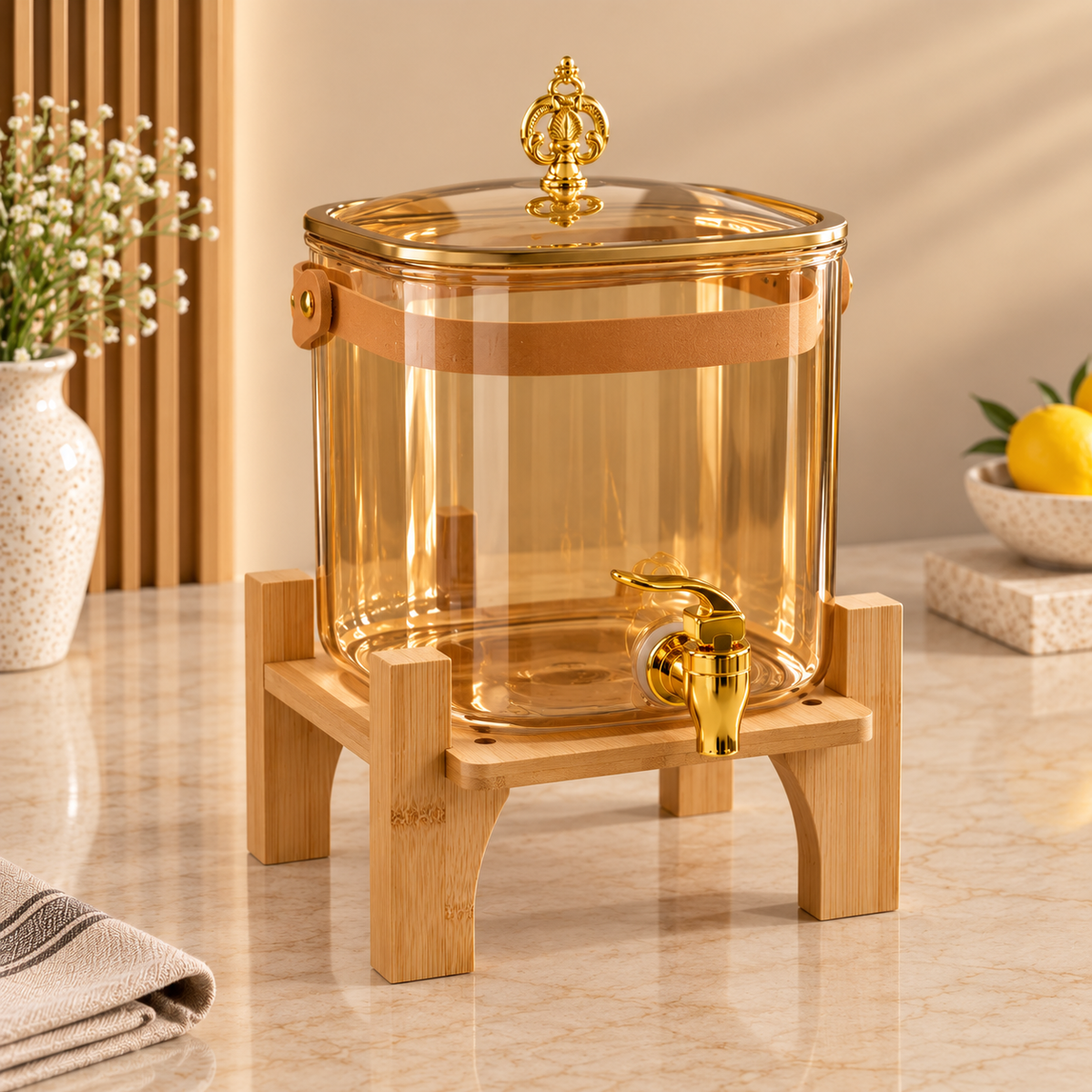 6.5L Glass Beverage Dispenser with Wooden Stand (Gold)