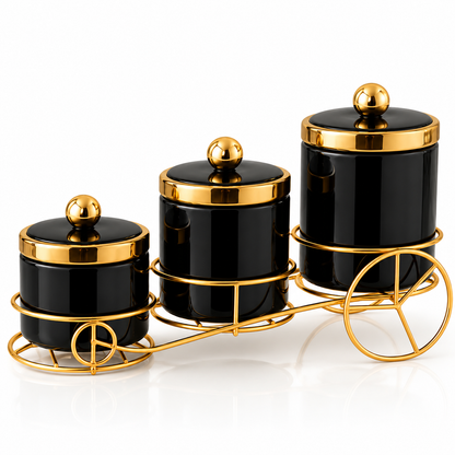 3 Pcs Black Ceramic Jar Set with Golden Stand