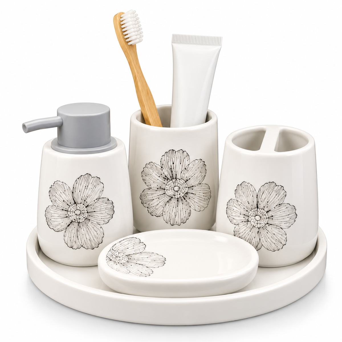 Brilliant Luxury White Floral Bathroom Tray Set