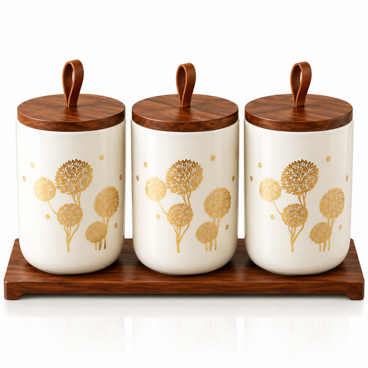 3 Pcs Gold Floral Ceramic Canister Set