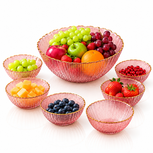 7 Pcs Pink Ribbed Glass Fruit & Serving Bowl Set