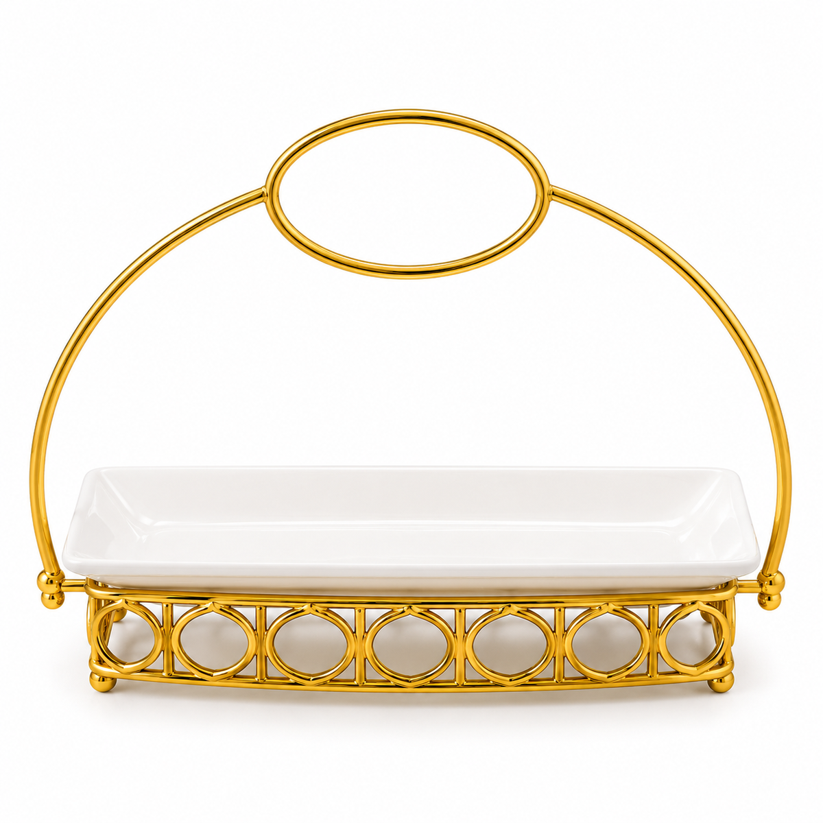 Brilliant 11-Inch Rectangular Ceramic Serving Dish with Designer Gold Metal Stand