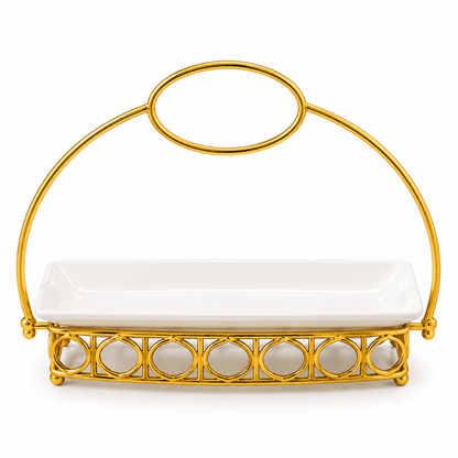 Brilliant 11-Inch Rectangular Ceramic Serving Dish with Designer Gold Metal Stand