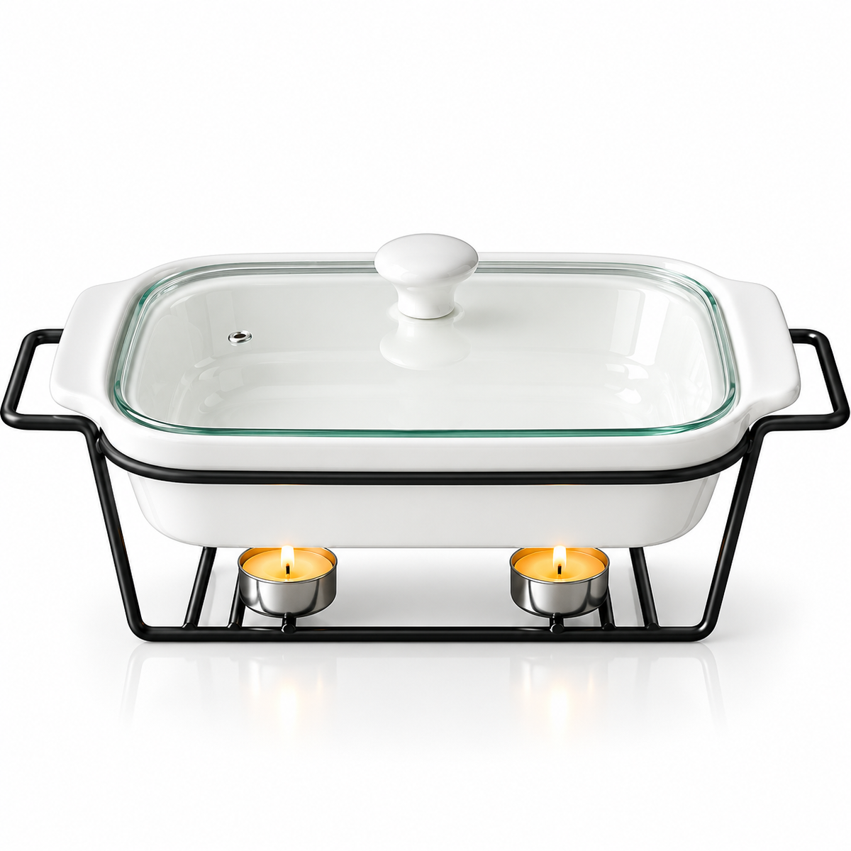 Brilliant 16-Inch Oval Ceramic Chafing Dish with Metal Candle Stand