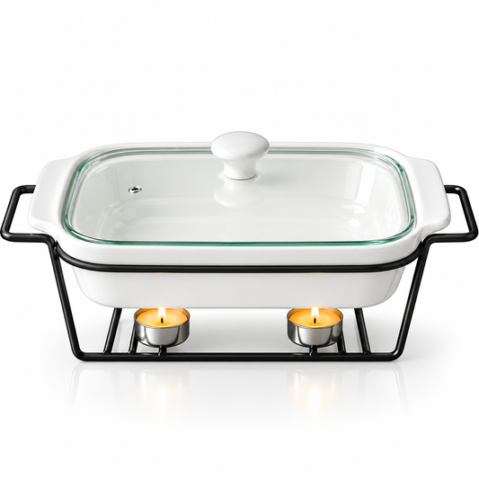 Brilliant 16-Inch Oval Ceramic Chafing Dish with Metal Candle Stand